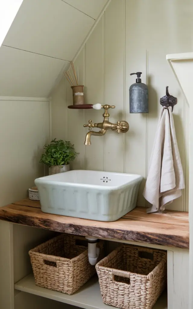A photo of a small farmhouse bathroom with a vintage brass wall-mounted tap above a farmhouse-style ceramic sink. The sink is placed on a wooden slab countertop. Below the sink, there's an open wooden vanity holding woven baskets for storage. The walls are painted a soft cream or light sage. There's a galvanized metal soap dispenser, a linen hand towel hanging on a wrought iron hook, and a small potted herb. The overall bathroom has a cozy, practical farmhouse vibe.