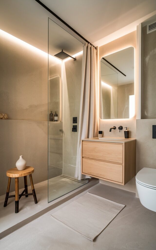 A photo of a Japandi-chic bathroom with a sleek walk-in shower. The shower has a frameless glass partition, smooth light-toned stone tiles, and a minimal black rainfall showerhead. The space blends Japandi calm with chic elegance, featuring neutral tones like warm beige and soft greige, paired with light wood accents. A compact floating vanity in natural oak sits below a clean-edged mirror with soft LED backlighting. The floor is finished in matte, oversized tiles that flow seamlessly into the shower zone. Subtle decor includes a small bamboo stool, a linen shower curtain pushed to the side, and a single sculptural vase or ikebana arrangement for visual balance. The atmosphere is serene, stylish, and effortlessly spacious. The bathroom also has a toilet, floor rug, curtained window, etc. Natural light is soft, even.