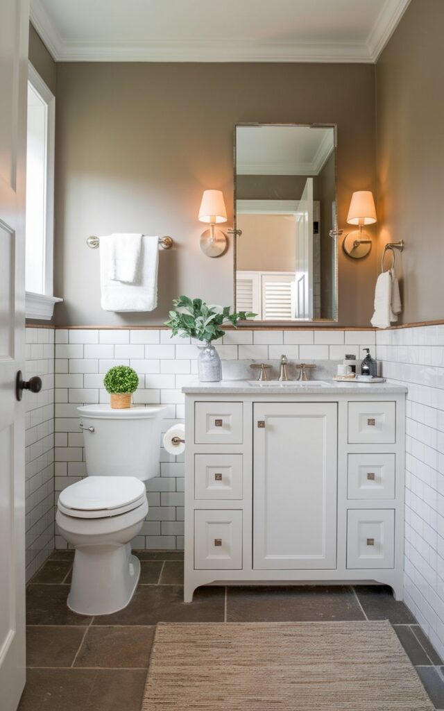 A photo of a small, fully furnished transitional-style bathroom with the toilet thoughtfully shifted to the corner, creating a more open and functional layout. The freed-up central wall now features a floating vanity with a framed mirror and soft sconce lighting on either side. The design balances traditional and contemporary elements—white shaker cabinets, brushed nickel hardware, and a neutral color palette of warm grays and soft taupes. Large-format tiles on the floor and halfway up the walls enhance visual space. Subtle décor like a small potted plant, a rolled towel basket, and a textured rug add coziness without clutter. The overall vibe is elegant, space-smart, and inviting.