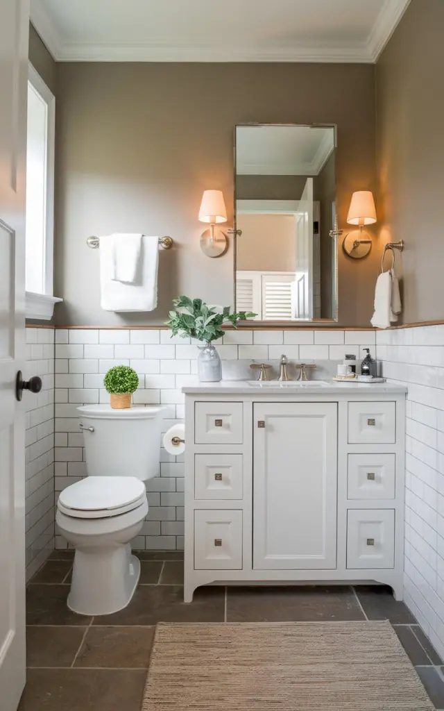 A photo of a small, fully furnished transitional-style bathroom with the toilet thoughtfully shifted to the corner, creating a more open and functional layout. The freed-up central wall now features a floating vanity with a framed mirror and soft sconce lighting on either side. The design balances traditional and contemporary elements—white shaker cabinets, brushed nickel hardware, and a neutral color palette of warm grays and soft taupes. Large-format tiles on the floor and halfway up the walls enhance visual space. Subtle décor like a small potted plant, a rolled towel basket, and a textured rug add coziness without clutter. The overall vibe is elegant, space-smart, and inviting.