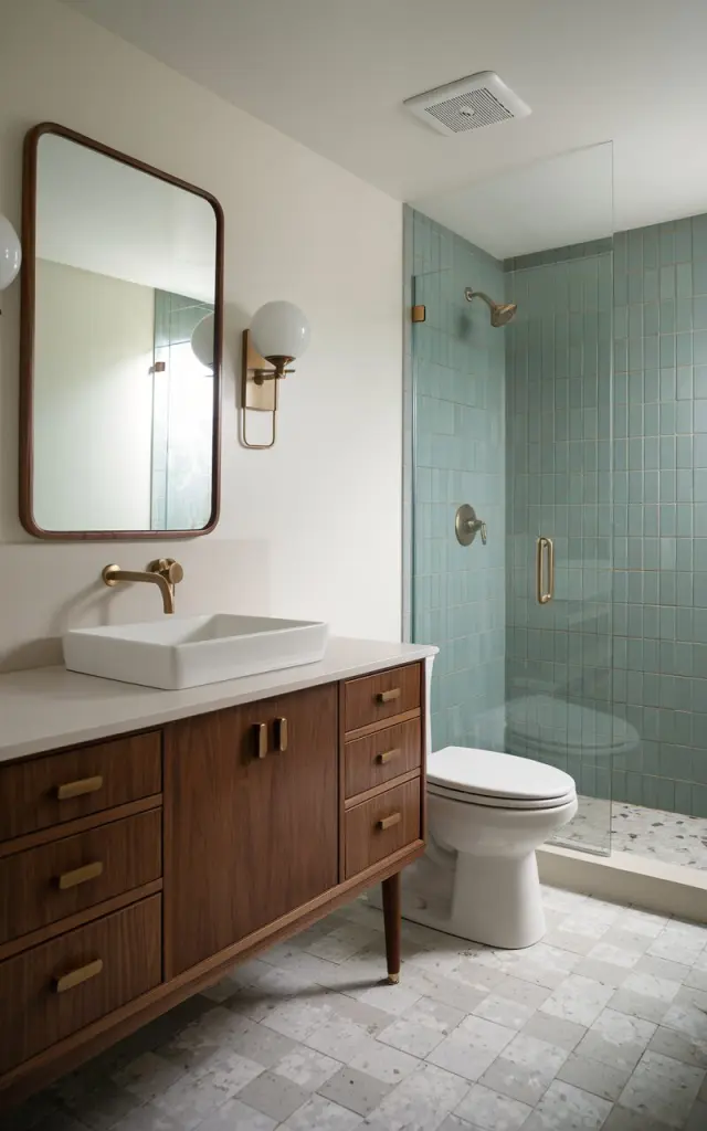 A photo of a mid-century modern bathroom with a smart, space-saving layout. The plumbing fixtures, including the vanity, toilet, and shower, are neatly aligned along one wall. The opposite wall is open and clutter-free, enhancing the visual space. The bathroom features clean lines, walnut wood accents, and matte white finishes. The vanity has flat-front drawers with brass pulls and a rectangular vessel sink. A frameless mirror with rounded corners is mounted above the vanity, with globe wall sconces on either side. The shower is enclosed in clear glass and has stacked vertical tiles in muted teal. The floor is covered in geometric terrazzo tiles, adding a subtle retro flair to the design.
