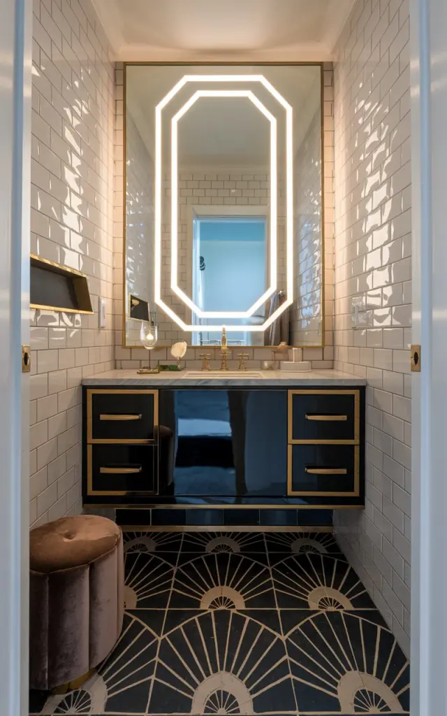 A photo of a small modern Art Deco bathroom with a chic design. The room features a statement mirror with a geometric shape and built-in warm LED light around the edges. The mirror hangs above a sleek black vanity with gold-trimmed drawers and a white marble countertop. The floor is laid with bold black-and-white Art Deco tiles in a fan or chevron pattern. The room also contains a scalloped tray, brass fixtures, and a velvet stool. The room has no natural light.