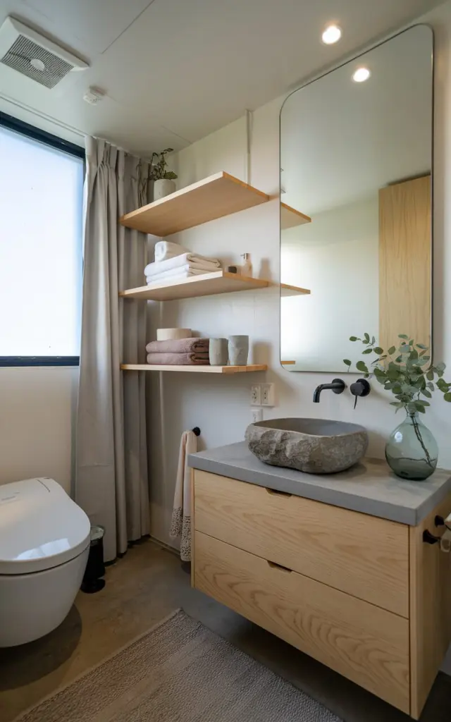 A photo of a small modern Japandi bathroom. There is a floating vanity with a stone basin and a frameless mirror. Slim, open wood shelves in light oak rise neatly beside the vanity, offering storage for folded towels, stoneware containers, and a small ceramic vase with fresh greenery. The space also has a toilet, curtained window, recessed ceiling with LED light, and a floor rug.