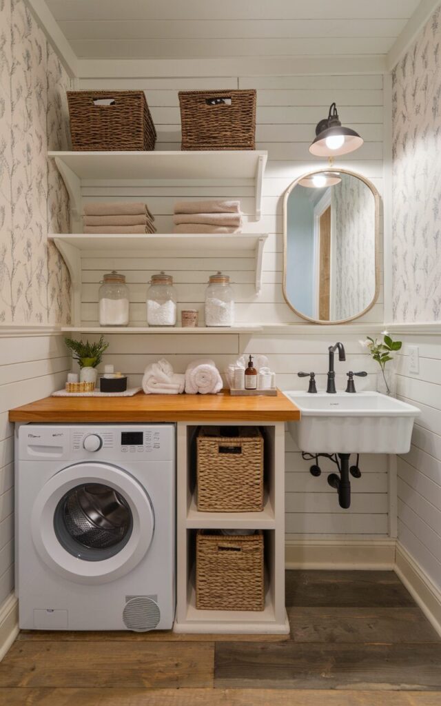 A photo of a small modern cottagecore and rustic bathroom with a practical yet charming layout. A stacked washer and dryer are neatly combined beneath a warm wood countertop. The countertop is crafted from reclaimed or distressed wood, adding rustic texture and warmth. Above, open shelving displays wicker baskets, mason jars with laundry essentials, and folded linen towels. Walls are clad in soft white shiplap with subtle vintage floral wallpaper accents. The floor is wide plank wood or natural stone tile. A farmhouse-style sink with black matte fixtures and a vintage pendant light complete this cozy, multifunctional space that blends cottage charm with rustic practicality.