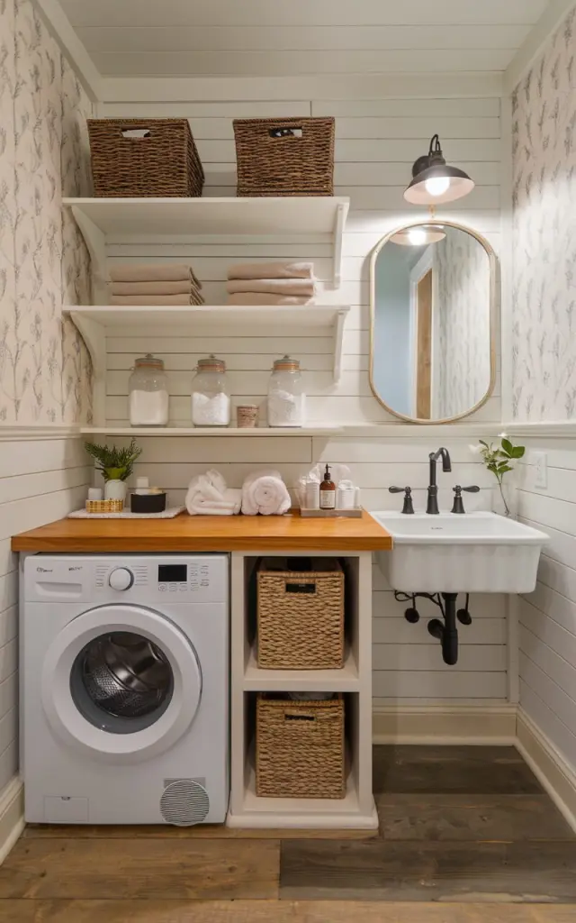 A photo of a small modern cottagecore and rustic bathroom with a practical yet charming layout. A stacked washer and dryer are neatly combined beneath a warm wood countertop. The countertop is crafted from reclaimed or distressed wood, adding rustic texture and warmth. Above, open shelving displays wicker baskets, mason jars with laundry essentials, and folded linen towels. Walls are clad in soft white shiplap with subtle vintage floral wallpaper accents. The floor is wide plank wood or natural stone tile. A farmhouse-style sink with black matte fixtures and a vintage pendant light complete this cozy, multifunctional space that blends cottage charm with rustic practicality.