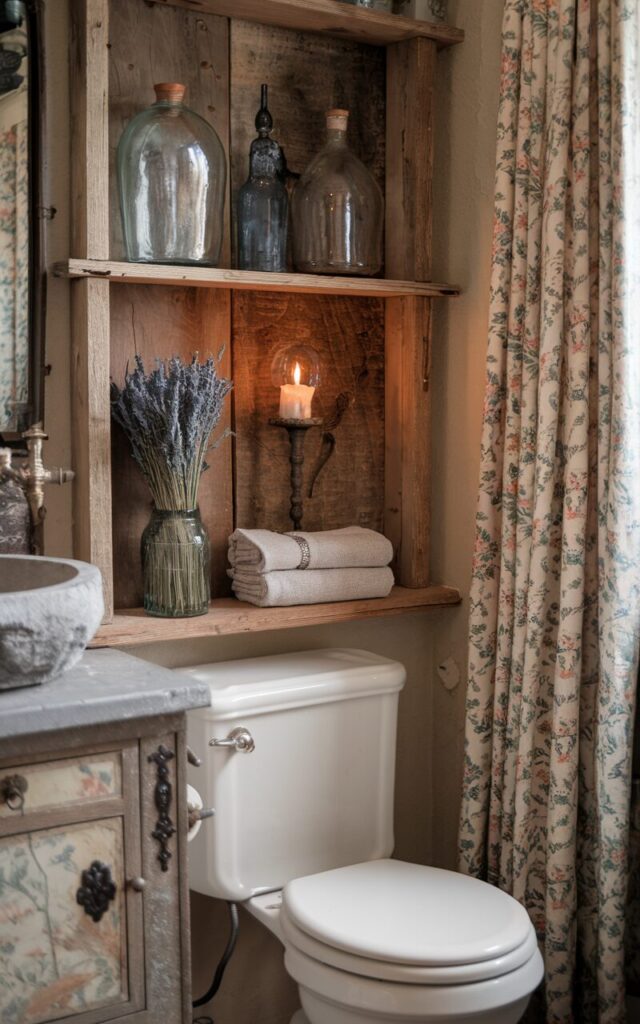 A photo of a small rustic French country bathroom with a charming built-in ledge behind the toilet. The ledge is made of reclaimed wood and holds antique glass bottles, a small vase of dried lavender, a vintage candleholder, and folded linen hand towels. The toilet has a classic shape with a ceramic lever flush. The bathroom features a distressed wood vanity with a stone basin, wrought iron accents, and floral toile curtains or wallpaper. The overall feel is warm, timeworn, and thoughtfully styled.