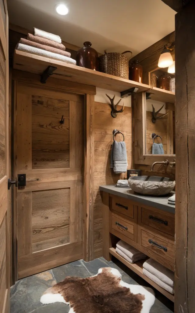 A photo of a rustic and alpine chic bathroom with a clever storage solution. There is a wooden shelf above the door, holding neatly stacked towels, amber apothecary jars, and a small woven basket. The space combines cozy mountain charm with refined rustic elegance. The walls are clad in warm wood paneling, and the vanity features reclaimed wood with a stone basin and antique brass fixtures. The floor is laid in textured slate. A faux fur rug and small antler hook add alpine character, while soft, diffused lighting keeps the atmosphere warm and inviting. The above-door shelf blends seamlessly into the architecture, offering hidden function without compromising style.