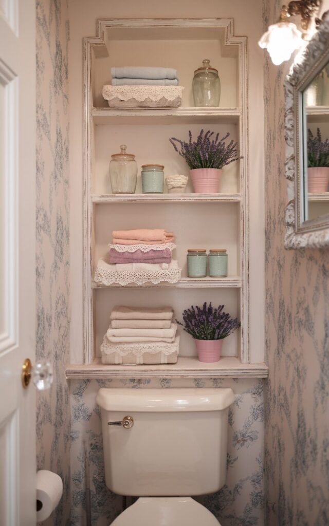 A photo of a small shabby chic bathroom with vertically stacked built-in shelves above the toilet. The shelves are recessed into the wall and framed with distressed vintage-style trim. Each shelf holds neatly folded lace-edged towels, pastel glass jars, and small potted lavender or baby's breath. The backdrop wall features soft floral wallpaper. The toilet has a classic design with a porcelain lever and is paired with a ruffled linen basket below. Crystal knobs, a dainty framed mirror, and soft ambient lighting complete the romantic, cottage-inspired look.