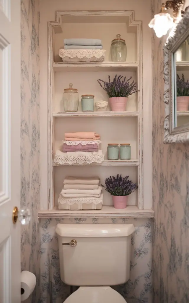 A photo of a small shabby chic bathroom with vertically stacked built-in shelves above the toilet. The shelves are recessed into the wall and framed with distressed vintage-style trim. Each shelf holds neatly folded lace-edged towels, pastel glass jars, and small potted lavender or baby's breath. The backdrop wall features soft floral wallpaper. The toilet has a classic design with a porcelain lever and is paired with a ruffled linen basket below. Crystal knobs, a dainty framed mirror, and soft ambient lighting complete the romantic, cottage-inspired look.