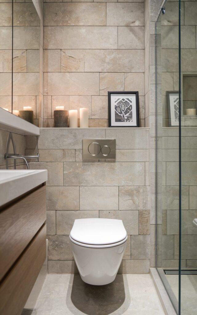 A photo of a small, stylish bathroom with a sleek, concealed-cistern toilet. The toilet has a modern silhouette and a wall-mounted dual-flush plate in brushed nickel. The wall behind the toilet is tiled in large-format neutral stone tiles. The narrow ledge created by the concealed tank wall holds candles, a small plant, or a framed print. The bathroom also features a floating wood vanity, a frameless mirror, and a walk-in glass shower. The overall aesthetic is clean, minimalist, and space-efficient.