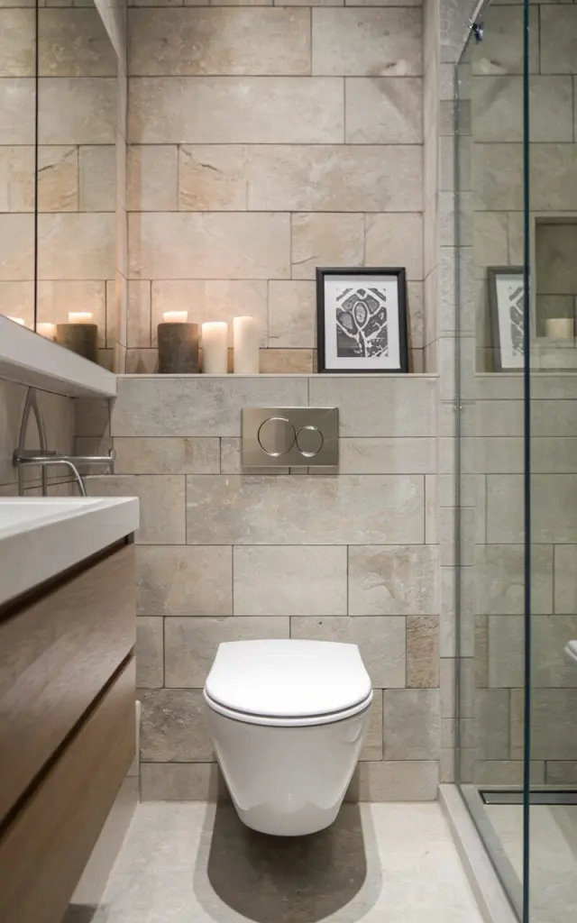 A photo of a small, stylish bathroom with a sleek, concealed-cistern toilet. The toilet has a modern silhouette and a wall-mounted dual-flush plate in brushed nickel. The wall behind the toilet is tiled in large-format neutral stone tiles. The narrow ledge created by the concealed tank wall holds candles, a small plant, or a framed print. The bathroom also features a floating wood vanity, a frameless mirror, and a walk-in glass shower. The overall aesthetic is clean, minimalist, and space-efficient.