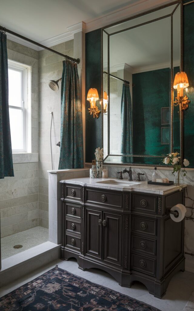 A photo of a small traditional full bathroom with a dark wood vanity and marble countertops. The wall opposite the vanity is covered with an expansive mirror, framed in gold or antique brass. There is a shower area, curtained windows, and a floor rug. The walls have a rich jewel tone, such as deep emerald or sapphire, and are accented with natural stone. Soft, warm lighting from vintage-inspired sconces illuminates the space. The natural light is even and subtle. 