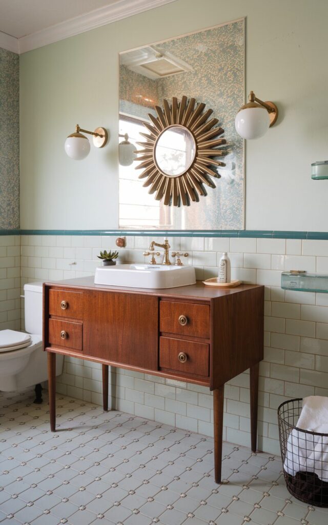 A photo of a vintage mid-century modern bathroom with a raised vanity on tapered wooden legs. The vanity has a rich walnut finish, clean lines, and brass knobs. It is topped with a white porcelain sink. A retro sunburst mirror hangs above the vanity, paired with globe wall sconces in brushed brass. The floor is tiled with mid-century patterns. The walls are painted a pale mint or soft beige, with a pop of vintage wallpaper behind the mirror. There are subtle touches like a ceramic soap dish, potted succulent, and a wire basket for towels. The room has natural light with a morning hue.
