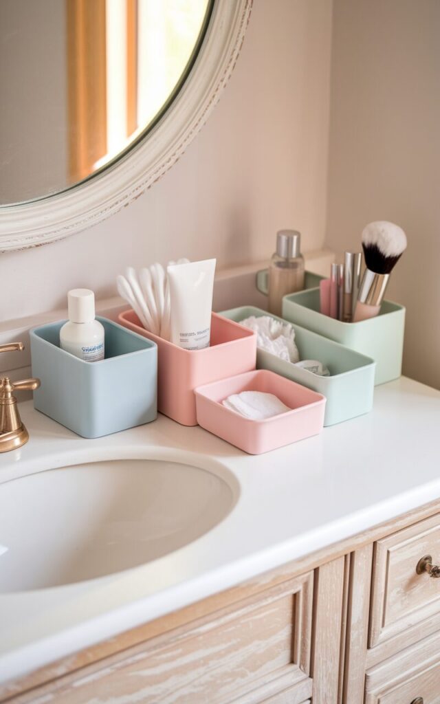 A photo of a soft, feminine bathroom vanity with a clean white countertop and light wood cabinetry. The vanity is styled in a gentle mix of modern and cottage charm. On top of the vanity, a few pastel-colored organizers—powder blue, blush pink, and soft mint—hold everyday essentials like skincare bottles, cotton pads, and makeup brushes. Each organizer has a simple, matte finish that complements the delicate tones without overpowering the space. Above the counter, a round mirror with a whitewashed frame reflects warm natural light. The overall scene feels fresh, tidy, and uplifting—like your morning routine just got a sweet little makeover.