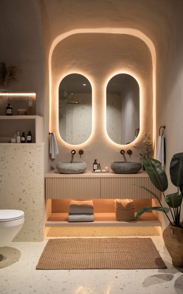 A softly lit Scandi + Boho ensuite bathroom at twilight, featuring a pair of oval backlit mirrors casting a warm, ambient glow against matte, textured plaster walls in a soft sand tone. The floating vanity is crafted from pale wood with fluted detailing, topped with stone basins and sleek bronze fixtures. The subtle backlighting creates a cocoon-like effect, perfect for late-night routines. Natural accents like a woven hamper, and a jute rug add earthy charm. A large leafy plant in a clay pot sits in the corner, while the soft, indirect light bounces off pale terrazzo floors. The space also has a toilet, shower area, open shelves, etc. The overall feel is tranquil, tactile, and gently illuminated—ideal for winding down.