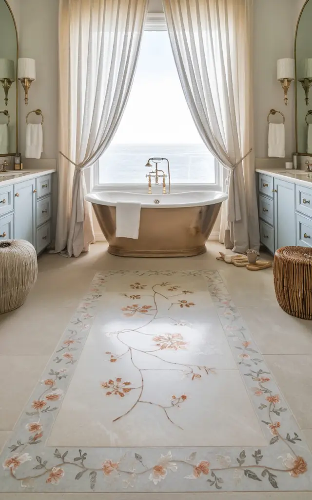 A photo of a sophisticated modern regal coastal bathroom with a soft neutral stone floor. The floor is bordered with delicate floral-patterned marble inlays. The inlays form a subtle botanical motif in shades of pearl white and soft coral. The flooring contrasts elegantly with a freestanding tub in a glossy white finish. The tub is placed beneath sheer curtains that billow at a sea-facing window. Brushed gold fixtures, arched mirrors, and light blue cabinetry add regal notes. Natural textures like woven baskets and sea grass stool balance the coastal warmth. The floral marble detailing feels artful, timeless, and gently luxurious.