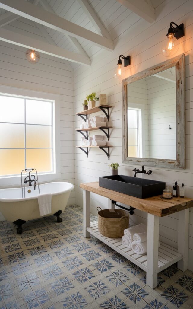 A photo of a spacious, fully furnished modern farmhouse bathroom with white shiplap walls and a vaulted ceiling with exposed wooden beams. The centerpiece is a vintage clawfoot tub positioned near a large frosted window, allowing soft natural light to fill the room. A reclaimed wood vanity with a matte black trough sink and matching matte black faucets stands against one wall, topped with a large reclaimed wood-framed mirror. Above the mirror, two farmhouse-style barn lights with exposed Edison bulbs cast a warm glow. Patterned encaustic cement tiles in bright blues and grays cover the floor, adding artistic character. Open wood-beam shelves hold neatly rolled white towels, glass apothecary jars, and small potted greenery. A woven basket for laundry sits under the vanity, and a rustic wooden ladder leans against the wall, serving as a towel rack. The overall atmosphere blends cozy rustic charm with modern farmhouse elegance, inviting and serene.