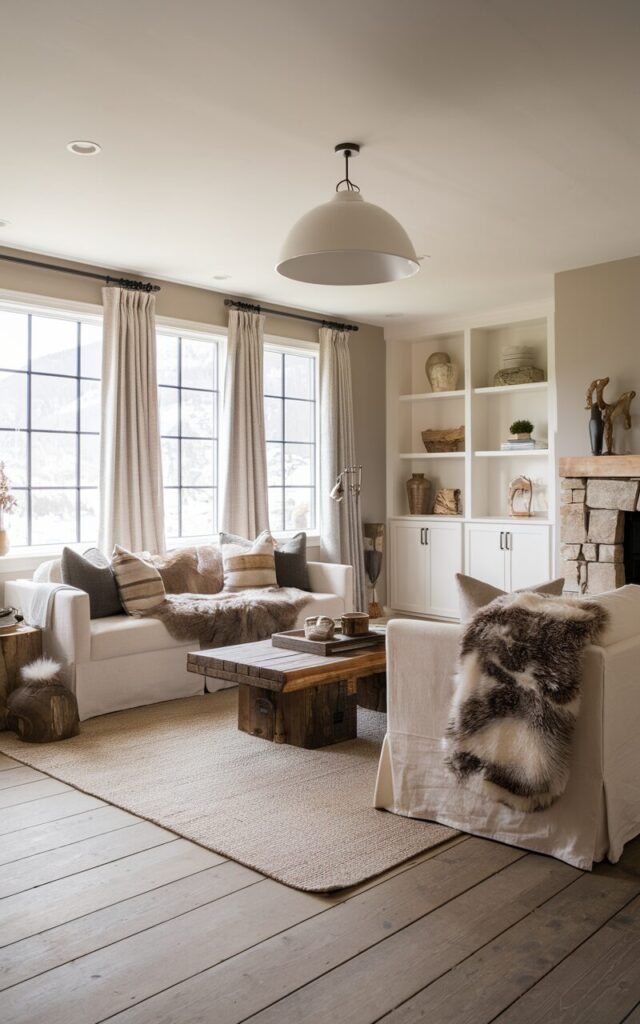A photo of an Alpine chic living room painted in balanced, neutral greige. The room features a mix of cozy and modern touches, including a soft wool sofa with fur throws, a rustic wooden coffee table, and a textured area rug over wide-plank wooden floors. Large windows framed by linen curtains bring in natural light. A stone fireplace, simple shelving with Alpine decor, and pendant lighting complete the harmonious and inviting mountain-inspired space.
