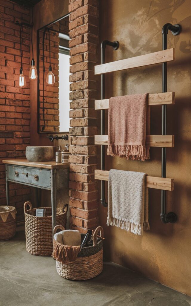 A photo of a boho-industrial bathroom with exposed brick walls and a concrete floor. The room has warm earthy tones. There is a modern mixed-material towel rack with matte black metal piping and smooth natural wood planks. The rack holds textured, fringed towels in muted hues. There is a vintage vanity, woven baskets with essentials, and vintage Edison bulbs in the room. The overall design blends ruggedness and warmth beautifully.