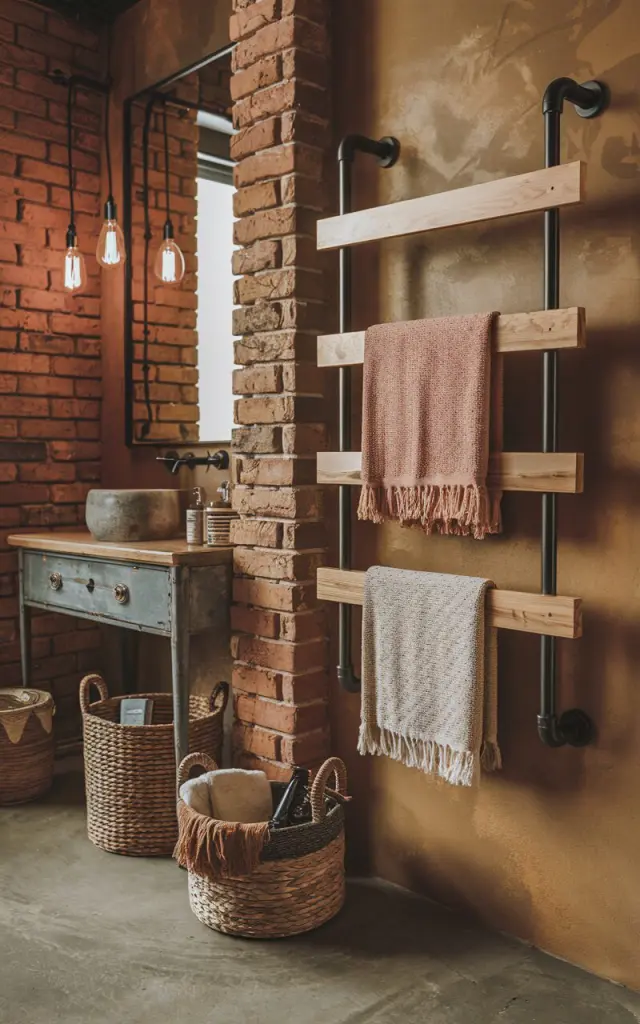 A photo of a boho-industrial bathroom with exposed brick walls and a concrete floor. The room has warm earthy tones. There is a modern mixed-material towel rack with matte black metal piping and smooth natural wood planks. The rack holds textured, fringed towels in muted hues. There is a vintage vanity, woven baskets with essentials, and vintage Edison bulbs in the room. The overall design blends ruggedness and warmth beautifully.