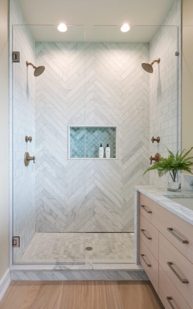 A photo of a stylish full bathroom with a feature shower wall covered in marble mosaic tiles laid in a precise chevron pattern. The chevron adds dynamic texture and movement, with light catching on the angled cuts of the stone. The marble mosaics are soft white with hints of dove gray veining, creating a gentle contrast. Frameless glass panels enclose the shower, allowing the intricate pattern to remain the focal point. The shower area has a unique niche in turquoise blue tiles with shampoo bottles, a shower caddy, brushed brass rainfall shower head, recessed LED ceiling lights, etc. The rest of the bathroom is clean and minimal, with soft beige walls, a floating vanity in light oak wood, wooden floor, and brushed nickel fixtures. A small potted fern on the vanity brings a touch of green to the serene space.