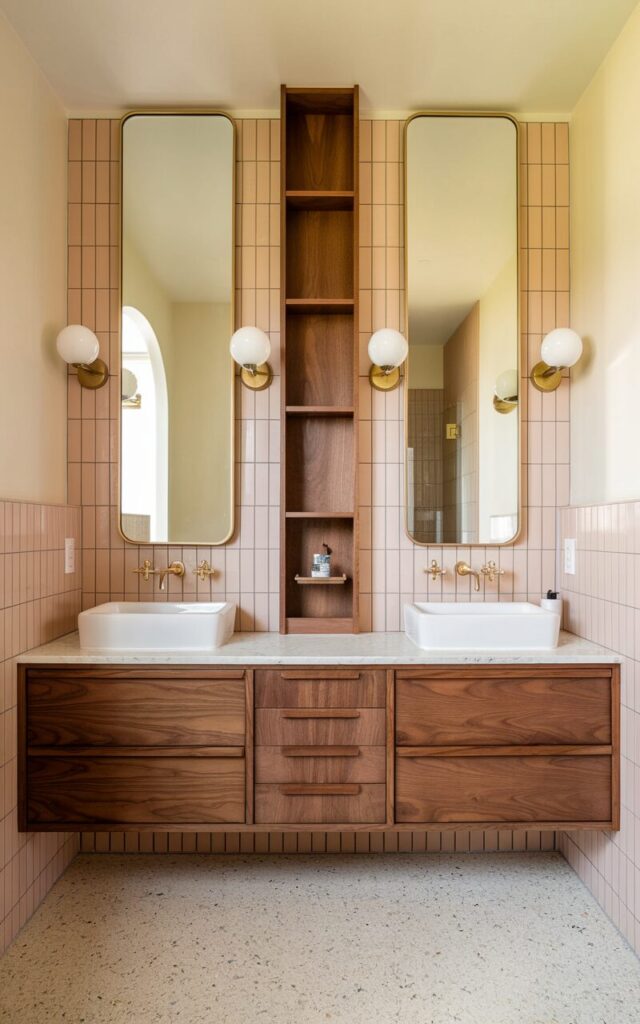 A photo of a mid-century modern ensuite bathroom with a luxe twist. The bathroom features a floating double vanity in rich walnut wood with smooth, rounded edges. Between the two vessel sinks, a tall, narrow linen tower rises—crafted in matching walnut with brass hardware, featuring both open shelves and closed drawers. The tower is perfectly centered and integrated into the vanity design, adding symmetry and functional elegance. The walls are painted in a warm off-white, with an accent wall of vertical tile in soft terracotta behind the vanity. Gold globe sconces flank the mirrors, and terrazzo flooring with subtle flecks adds visual interest. The space feels curated, warm, and effortlessly sophisticated.
