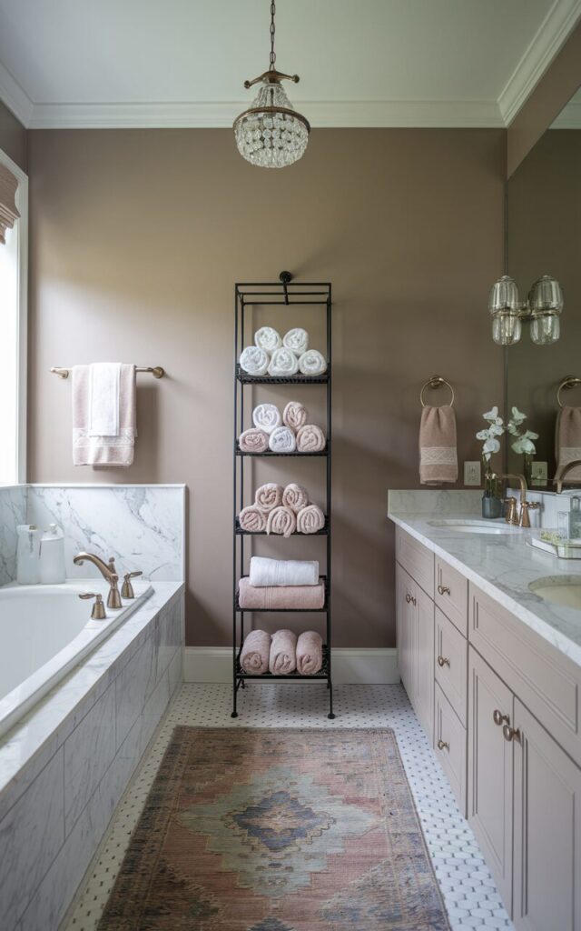 A photo of a transitional bathroom with soft taupe walls, marble countertops, and brushed nickel fixtures. There is a sleek black metal wine rack repurposed as a towel display, holding rolled white and blush towels. A crystal pendant light hangs above the tub, and a vintage rug in muted tones covers the floor. Minimal gold accents add a chic, curated vibe.