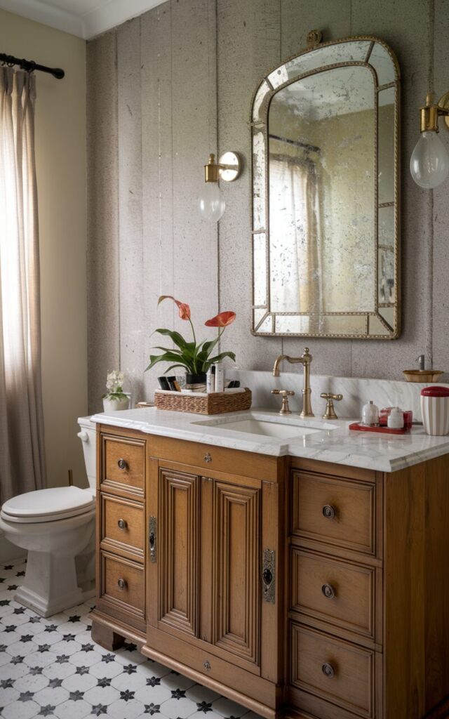 A photo of a vintage bathroom with a modern twist. The room contains a warm wooden vanity with classic paneled doors and aged brass hardware. The vanity is placed next to a raw concrete feature wall, adding an industrial edge. Above the vanity, there's a brushed gold tap and matching fixtures that have a refined, modern shimmer. The countertop is a soft white marble with subtle veining. There are skincare and haircare items neatly arranged in a basket, a small red peace lily, a small ceramic jewel container, and so on. The floor has black-and-white vintage patterned tiles. There's a large antique mirror with a distressed gold frame hanging above the sink. The room has a toilet and a curtained window. Soft, diffused lighting from classic sconces enhances the mix of textures — rustic meets polished in perfect harmony.