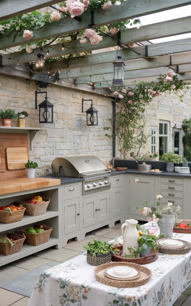 A photo of a modern English countryside outdoor kitchen, with distinct zones for prepping, cooking, and serving. The space is nestled against a stone cottage wall and has a weathered wood pergola overhead adorned with climbing roses and lantern string lights. One side features a butcher block prep counter with open shelving for baskets of fresh produce and chopping boards. The central cooking zone includes a built-in grill and stovetop set into a soapstone countertop, with classic shaker-style cabinetry below. Adjacent, the serving area includes a vintage-style drink station and a rustic buffet table styled with floral linens, ceramic pitchers, and woven trays. The natural light is soft and ambient.