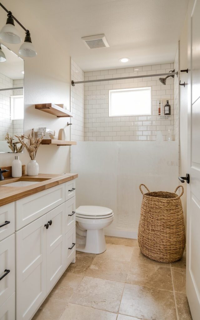 A photo of a modern farmhouse bathroom with a woven laundry hamper in the corner. The bathroom has a white vanity with a wood countertop, a white toilet, and a shower. The floor is covered with beige tiles. The walls are painted ivory. There are wood accents and brushed metal fixtures in the bathroom. The woven hamper adds soft texture and a handcrafted feel.