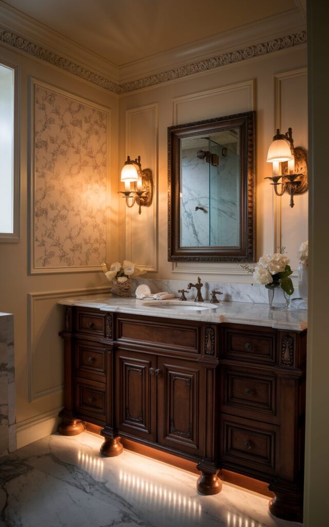 A photo of a traditional-style bathroom with limited natural light. The warm under-cabinet lighting softly illuminates the marble vanity countertop, revealing the rich veining in the marble. The cabinetry is dark cherry wood with ornate molding, and the walls are paneled in off-white with a subtle floral motif. A framed rectangular mirror reflects the warm light. Vintage bronze fixtures and a pair of wall sconces provide additional ambient glow. The atmosphere is cozy, timeless, and subtly luxurious.