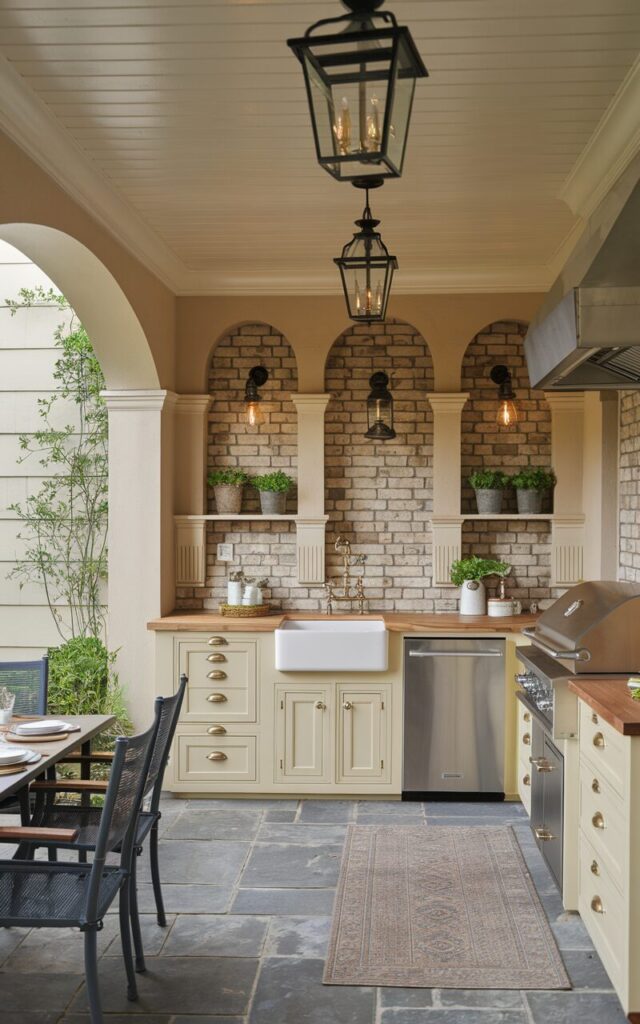 A photo of a traditional-style fully furnished outdoor kitchen with classic details and timeless charm. The kitchen features an outdoor-rated dishwasher built into a cabinetry unit painted in warm cream, with brass hardware and a butcher block countertop above. The kitchen includes a farmhouse sink, brick backsplash, and vintage-style lantern lighting. Surrounding elements feature wood-paneled ceilings, arched niches for storage, and a few potted herbs on open shelves. The dishwasher blends in elegantly, offering modern convenience without compromising the kitchen's refined traditional aesthetic. The space also has a dining area with seats, floor rug, and cooking appliances.