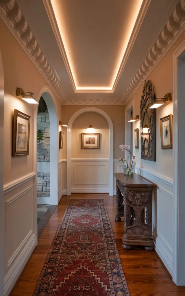 A photo of a traditional-style hallway with a vintage runner rug and a carved wooden console table. The hallway has ornate crown molding, classic wainscoting, and an arched doorway. The walls have picture lights highlighting framed artwork and decorative wall panels. The ceiling has warm LED strip lights. There is a decorative mirror above the console table. The floor is made of rich hardwood. The lighting is soft and ambient, bringing attention to the craftsmanship and layered textures of the space.