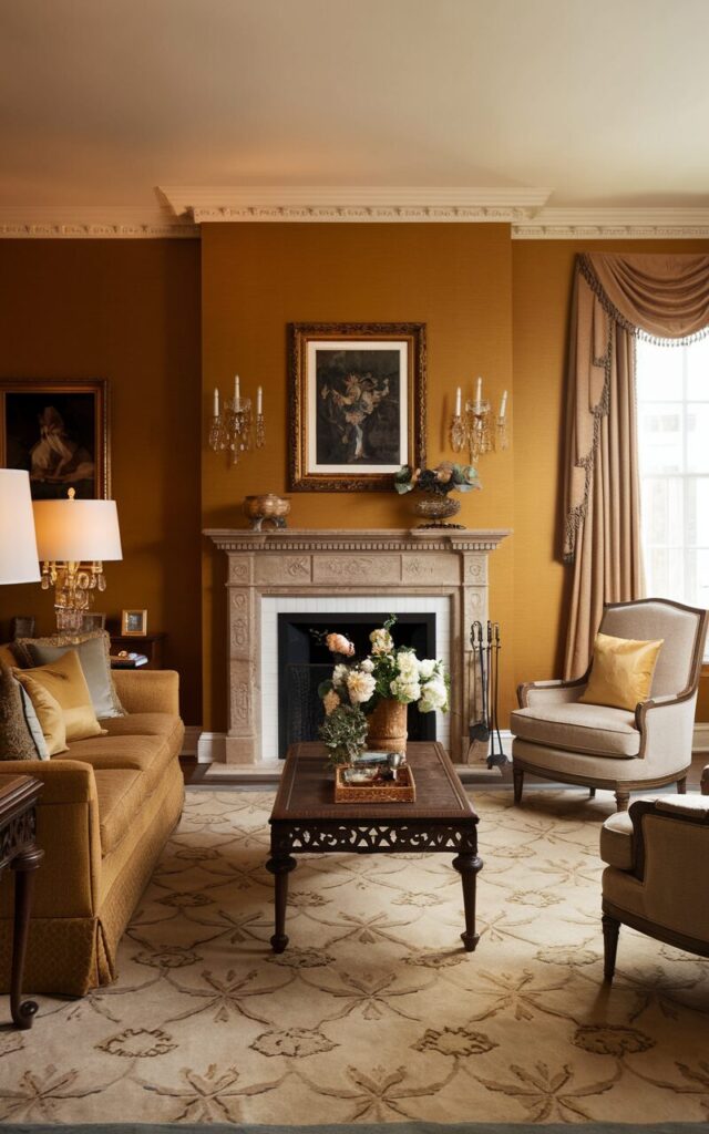 A photo of a traditional-style living room painted in warm amber gold. The walls glow softly, complementing a classic patterned area rug and dark wood furniture. A plush sofa with coordinating throw pillows faces a carved wooden coffee table, flanked by two upholstered armchairs. A grand fireplace with an ornate mantel serves as the focal point. Framed artwork, elegant drape, a crystal chandelier, and tasteful decorative accessories create a cohesive, inviting atmosphere.