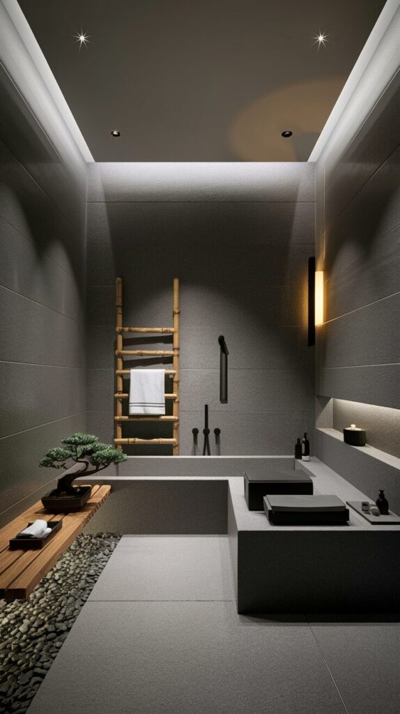 A tranquil Asia Zen-inspired bathroom with a contemporary edge. The room features smooth gray stone walls, a deep soaking tub, and soft ambient lighting. Against one wall, a handcrafted bamboo towel rack holds neatly folded white towels. The room also contains minimalist black fixtures, a small bonsai tree on a low wooden bench, and a pebble-lined floor. The overall atmosphere is serene and spa-like, with a modern, polished feel.