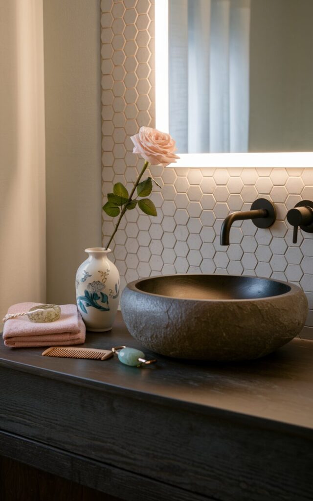 A photo of a Zen-style bathroom with a dark wood vanity and a matte stone vessel sink. There is a blush pink rose stem in a hand-painted porcelain vase on the vanity. The vase is surrounded by a folded face towel, a bamboo comb, and a small jade roller. The backsplash features a hexagon tiled wall with an LED backlit mirror. The room has a tranquil ambiance.