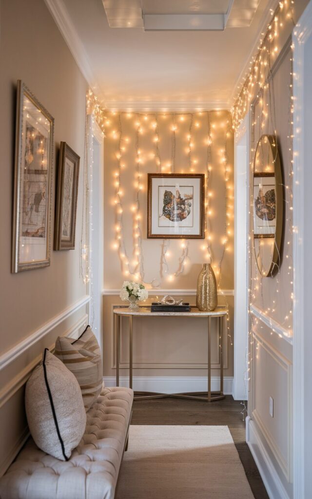 A photo of a transitional chic hallway glowing with warmth and elegance. The walls are adorned with 2-3 framed art pieces. Delicate warm-white fairy lights are strung loosely along the wall, creating a subtle sparkle. The hallway has clean-lined furniture, such as a narrow console with a marble top, and traditional wainscoting molding painted in a soft neutral color. A tufted bench with plush pillows sits below. A few decorative accents, like a gold-trimmed vase, a chic tray, and a scented candle, add layered charm. The glow of the lights enhances the transitional harmony, turning the hallway into a cozy, twinkling passage that leads gracefully to the next space.