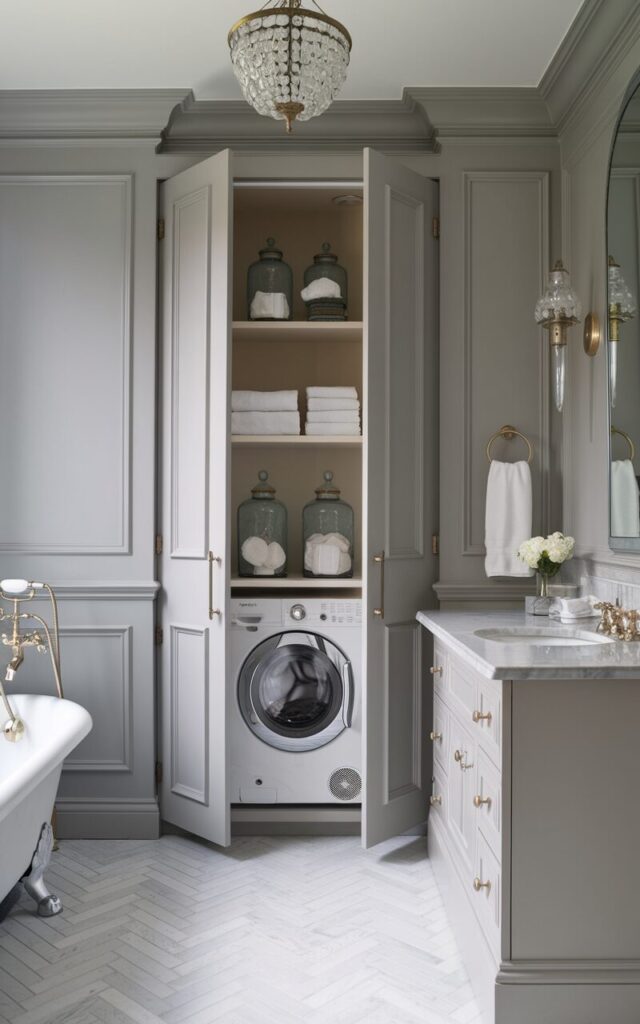 A photo of a transitional ensuite bathroom with a hidden laundry nook. The bathroom has clean lines and elegant Victorian details. There is a clawfoot tub, a pedestal sink with gold cross-handle faucets, and a marble-topped vanity with subtle molding. The flooring is herringbone tile. There is a crystal pendant light and wainscoting. The concealed laundry area is tucked behind tall custom cabinetry that mimics classic built-ins. Inside the laundry area, there is a compact washer-dryer stack and shelves holding neatly folded towels and vintage glass jars. The overall space is painted in soft dove gray.