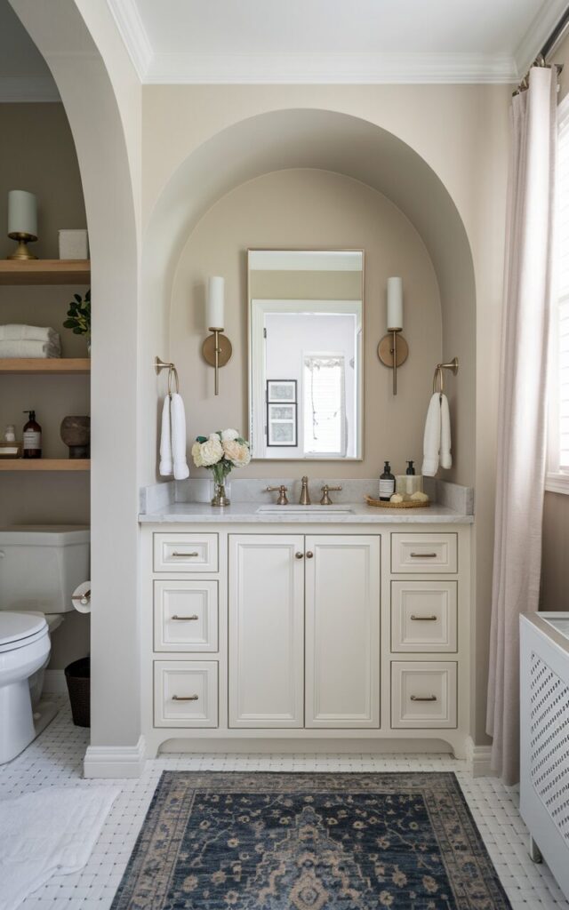 A photo of a transitional ensuite bathroom with a vanity cleverly tucked into a recessed niche to save space without sacrificing storage. The niche features clean architectural lines, painted in a soft neutral like greige or pale taupe, blending seamlessly into the surrounding wall. The vanity is custom-fit with shaker-style cabinetry, topped with a marble or quartz surface, and paired with a classic undermount sink. Above it, a framed mirror is flanked by slim sconces, while floating wood shelves above or beside the vanity provide extra storage for towels, bottles, and décor. The rest of the bathroom has a toilet, a shower area, floor rug, curtained window, etc.