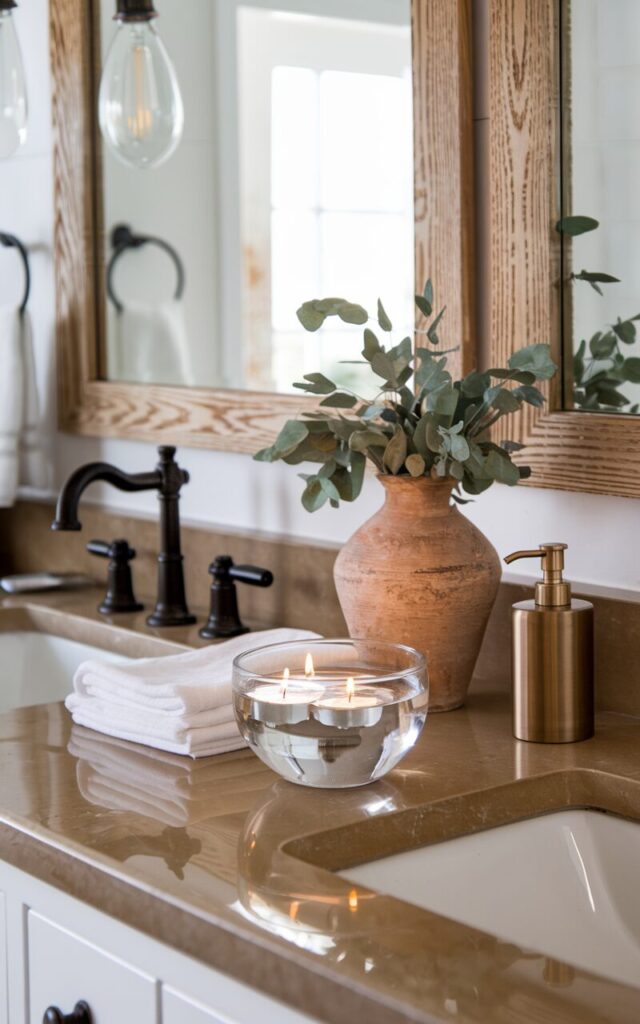 A photo of a transitional farmhouse bathroom counter with a blend of classic elegance and rustic charm. The counter is made of warm-toned quartz or marble and features a wood-framed mirror and matte black fixtures. At the center, a shallow clear glass bowl holds two softly flickering tea lights floating in water. The counter is also adorned with a small stack of white linen hand towels, a weathered clay vase with fresh greenery, and a soap dispenser in brushed brass. The soft overhead lighting creates a cozy glow, seamlessly blending refined and homey elements.