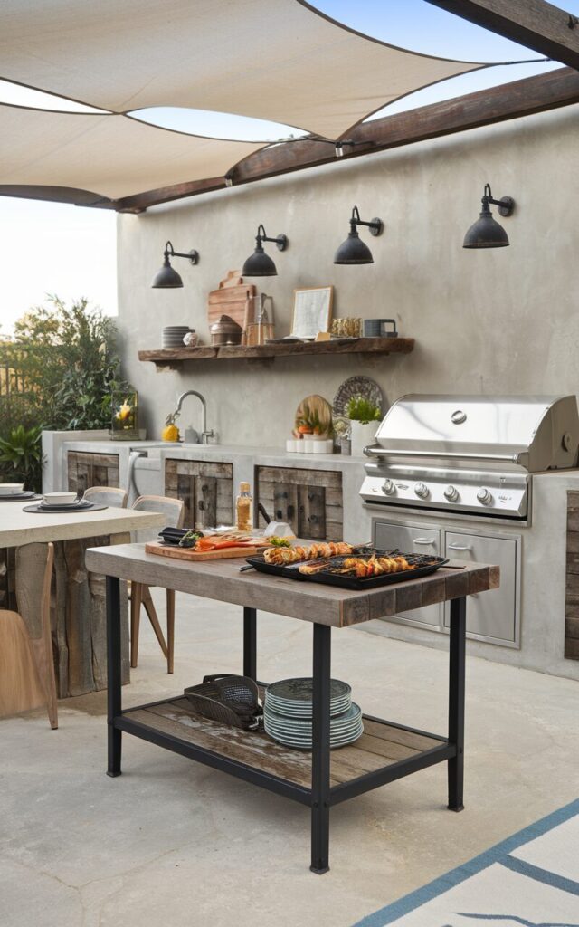 A photo of a transitional rustic outdoor kitchen with a blend of modern simplicity and rugged charm. The kitchen is fully furnished for casual gatherings. Near the dining area, a portable prep table is set up, topped with a wooden cutting board, grilled vegetables, and a tray of sizzling kebabs fresh off the grill. The table has black metal legs and a weathered wood top. The kitchen features stone countertops, subtle industrial fixtures, and reclaimed timber cabinetry. Overhead canopy adds softness. The setup is functional and inviting, perfect for shared meals and storytelling under the sky.