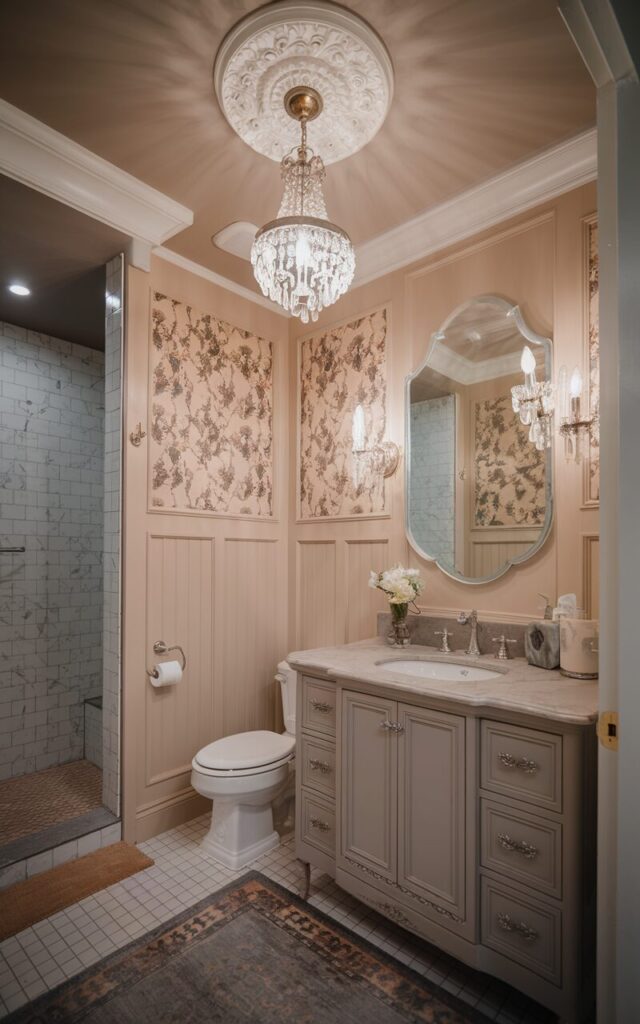 A photo of a transitional-style bathroom with a Victorian twist. The ceiling is painted in a soft pale mushroom tone to bring warmth and intimacy to a windowless space. Hanging from the center is an ornate mini chandelier with bright light on, casting a romantic glow. The walls feature panel molding in a muted ivory, complemented by a marble-topped vanity in a soft greige finish. Classic Victorian elements like floral wallpaper accents and curved hardware blend effortlessly with clean, modern lines. The space also has a toilet, shower area, and floor rug. Natural light is soft and ambient. The focus is on the ceiling.
