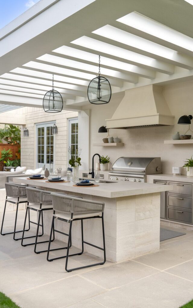 A photo of a transitional-style outdoor kitchen with a seamless blend of classic and contemporary elements. The kitchen has a countertop that extends into a dining bar, creating a smooth flow between cooking and dining. There are a few sleek metal and wood stools at the bar. The kitchen has neutral-toned cabinetry, stone or quartz countertops, and brushed steel appliances. All of this is set under a clean-lined pergola. There are subtle decorative touches, like simple pendant lights, minimalist dinnerware, and potted greenery, that complete the balanced, welcoming look of this versatile space.