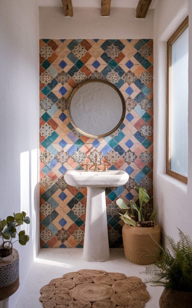 A photo of a bohemian-style bathroom with a vibrant full bathroom centered around a feature wall covered in colorful Moroccan tiles in intricate geometric and floral patterns—rich blues, warm terracottas, sunny yellows, and emerald greens. The tiled wall stands behind a minimalist white pedestal sink with brass fixtures and a round vintage mirror. The rest of the bathroom remains neutral with white plaster walls and warm wood accents to let the tile wall shine. Earthy decor elements like a jute rug, woven baskets, and potted greenery enhance the artisanal, eclectic charm. Soft natural light filters through a frosted window, casting gentle shadows on the patterned surface.