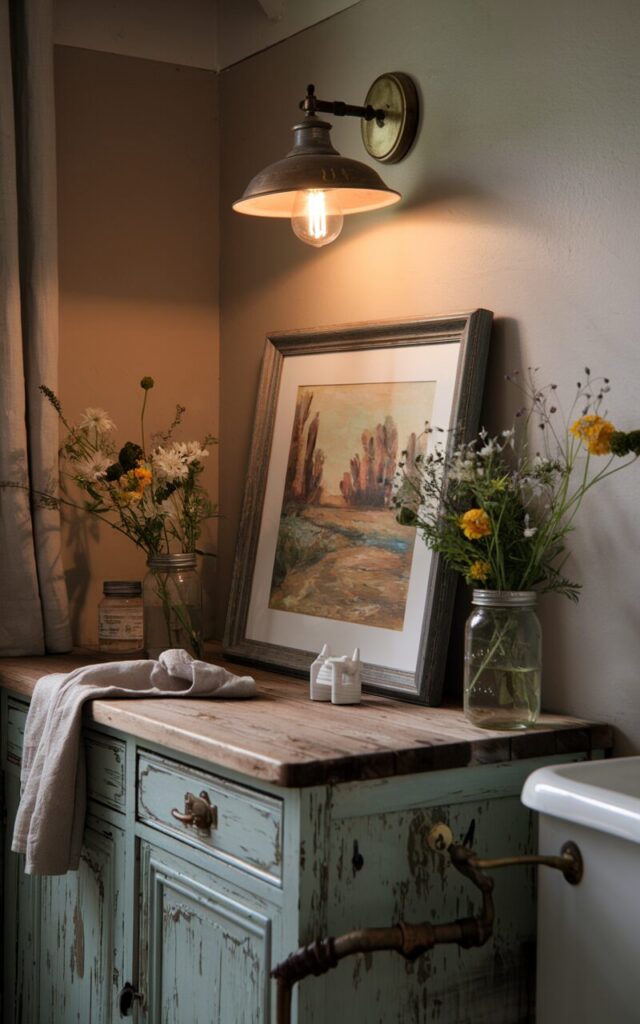 A photo of a vintage farmhouse bathroom with a distressed wooden vanity counter. On the counter, there's a framed art piece of a rustic landscape casually leaned against the wall. The artwork is highlighted by the warm light from an antique-style wall sconce. The bathroom also features mason jar vases with fresh wildflowers, a linen hand towel draped nearby, and vintage brass fixtures. The overall scene has a cozy character with muted colors.