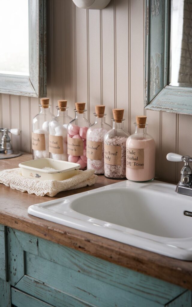A photo of a vintage farmhouse-style bathroom counter with a reclaimed wood vanity and white porcelain sink. The counter is set against a beadboard backdrop. Along the back edge of the counter, 3-4 apothecary-style glass bottles are neatly lined up—each filled with bathroom staples like fluffy cotton balls, rose-tinted bath salts, and a pale herbal DIY toner. The bottles vary slightly in shape and size, some with cork tops, others with faded paper labels for an old-world touch. A lace-trimmed towel, enamel soap dish, and a weathered mirror complete the cozy, nostalgic vibe. The setup feels collected, charming, and lovingly lived-in. Natural light is soft, ambient.