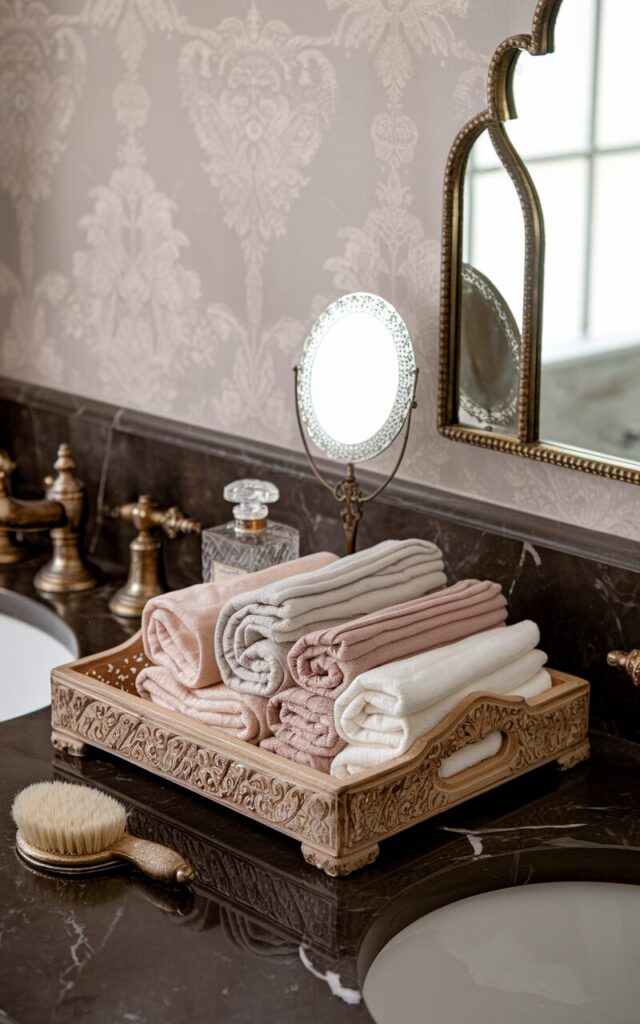 A photo of a vintage-inspired bathroom with a deep marble countertop and ornate gold fixtures. The vintage charm is enhanced by the presence of a carved wooden tray with antique detailing on the counter, holding several neatly folded washcloths in muted ivory and soft blush tones. The tray sits beside a crystal perfume bottle, a gold-handled brush, and a decorative hand mirror with filigree edges. The wallpapered wall in soft damask and an arched mirror with gilded trim add to the refined elegance.