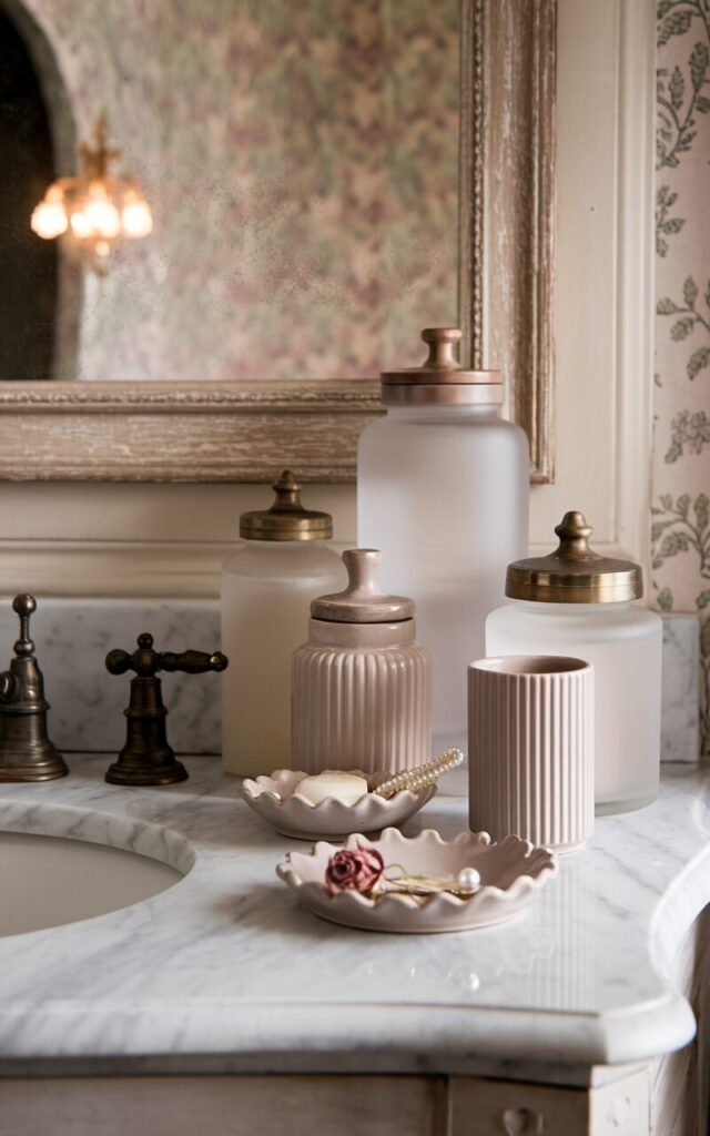 A photo of a vintage-style bathroom with a marble vanity topped with neutral-toned ceramic accessories and antique-style jars. The counter holds a scalloped-edge soap dish, a ribbed ceramic toothbrush holder, and frosted glass apothecary jars with brass lids. A small dish with a pearl hairpin and a dried rose adds a touch of romance. Behind the vanity, a framed vintage mirror with a faded gold frame reflects the charm of floral wallpaper and soft lighting. The mood is nostalgic and feminine—delicate details styled with graceful, old-world elegance. Natural light is soft, ambient.