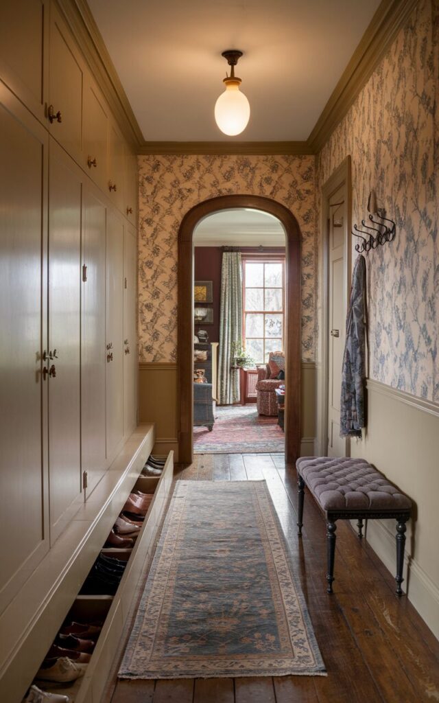 A photo of a vintage-style hallway with warm wooden flooring and floral wallpaper in muted tones. The wall features a built-in cabinet with antique brass handles, hidden storage for shoes, scarves, and seasonal items. The hallway contains a vintage runner rug, a wall-mounted coat rack with classic wrought iron hooks, and a small bench with a tufted cushion. A vintage pendant light hangs from the ceiling, casting a soft glow. The hallway leads gracefully into a cozy, traditionally furnished living room, partially visible through an arched doorway with wooden trim. All elements are functional, elegant, and thoughtfully arranged.