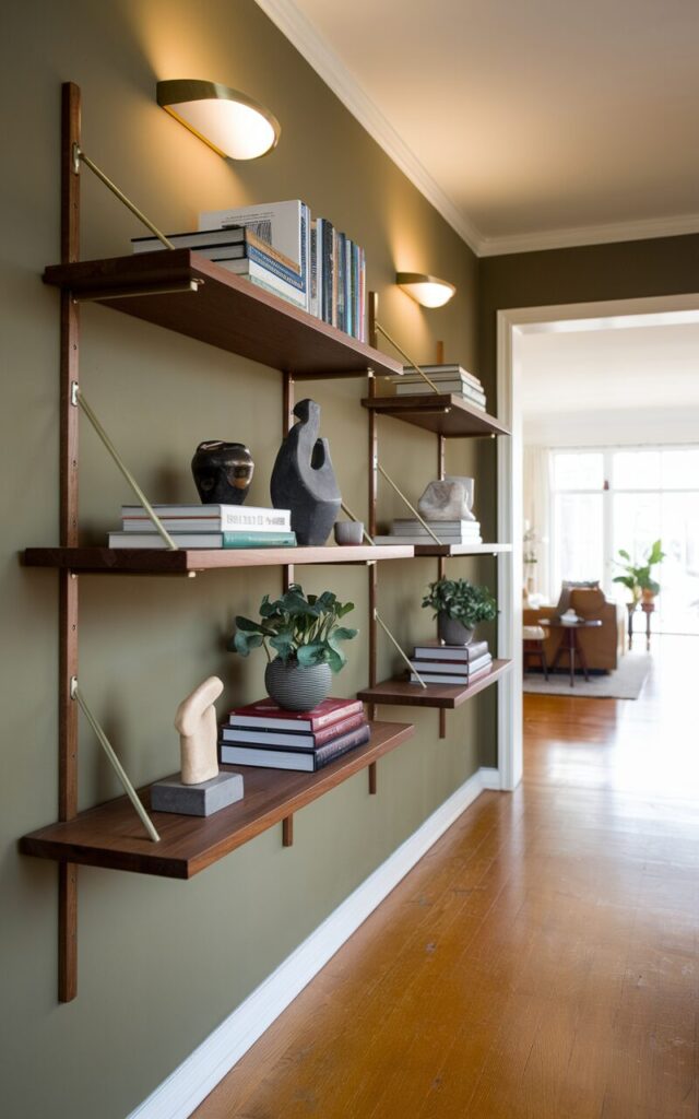 A photo of a stylish mid-century modern hallway with two floating walnut shelves mounted neatly along one wall. The shelves hold an artful mix of hardcover books, retro ceramics, abstract sculptures, and small indoor plants in geometric planters. The walls are painted in a muted olive, and the floor is a honey-toned hardwood that leads smoothly into an open, sunlit living room. A statement sconce adds soft ambient lighting above the shelves.